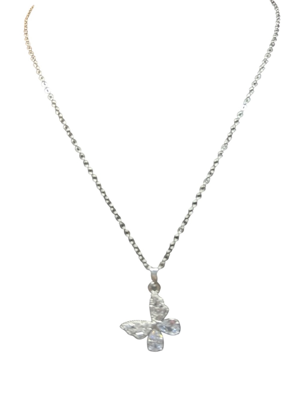Sterling Silver Butterfly Pendant Necklace - White Crystal Accent